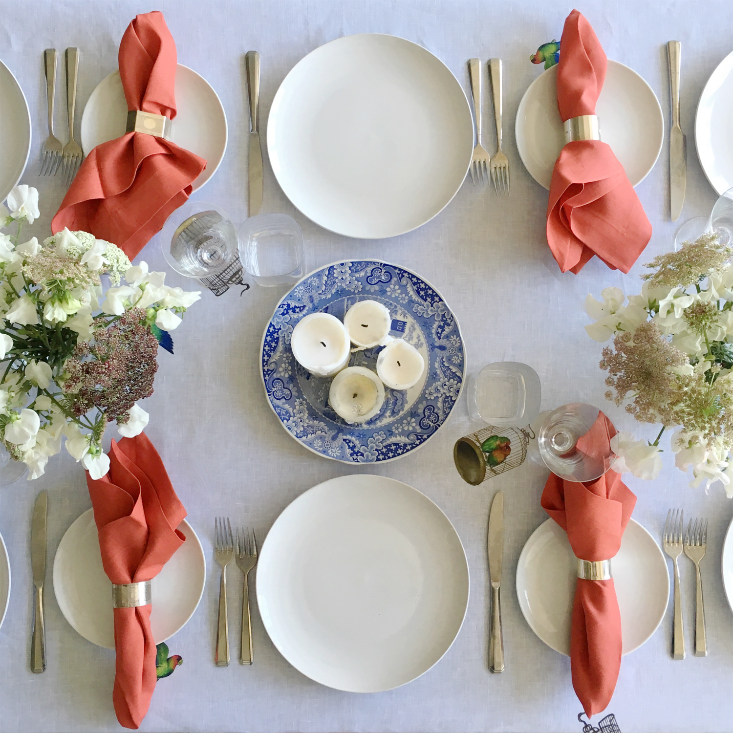 Lobster-orange-red-linen-napkin-lovebirds-tablecloth