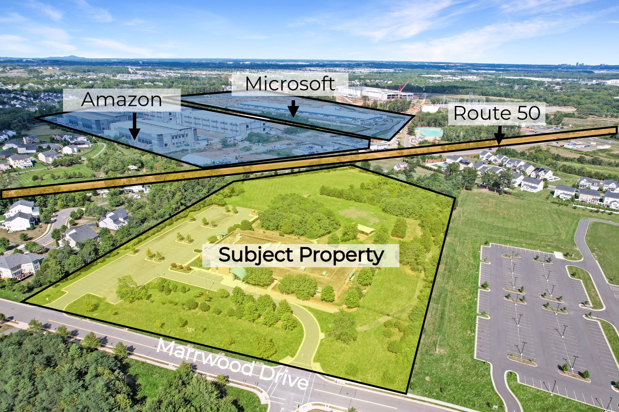 Aerial view of 24328 Marrwood Drive, Aldie, VA, highlighting its proximity to Amazon and Microsoft data centers, as well as Route 50.