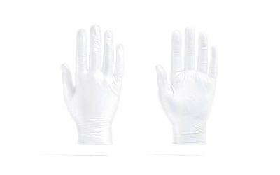 Blank white rubber gloves mockup, front and back view, 3d rendering. Empty protective or hygiene vinyl gloves mock up, isolated. Clear medicine latex hand safety for doctor operation template.